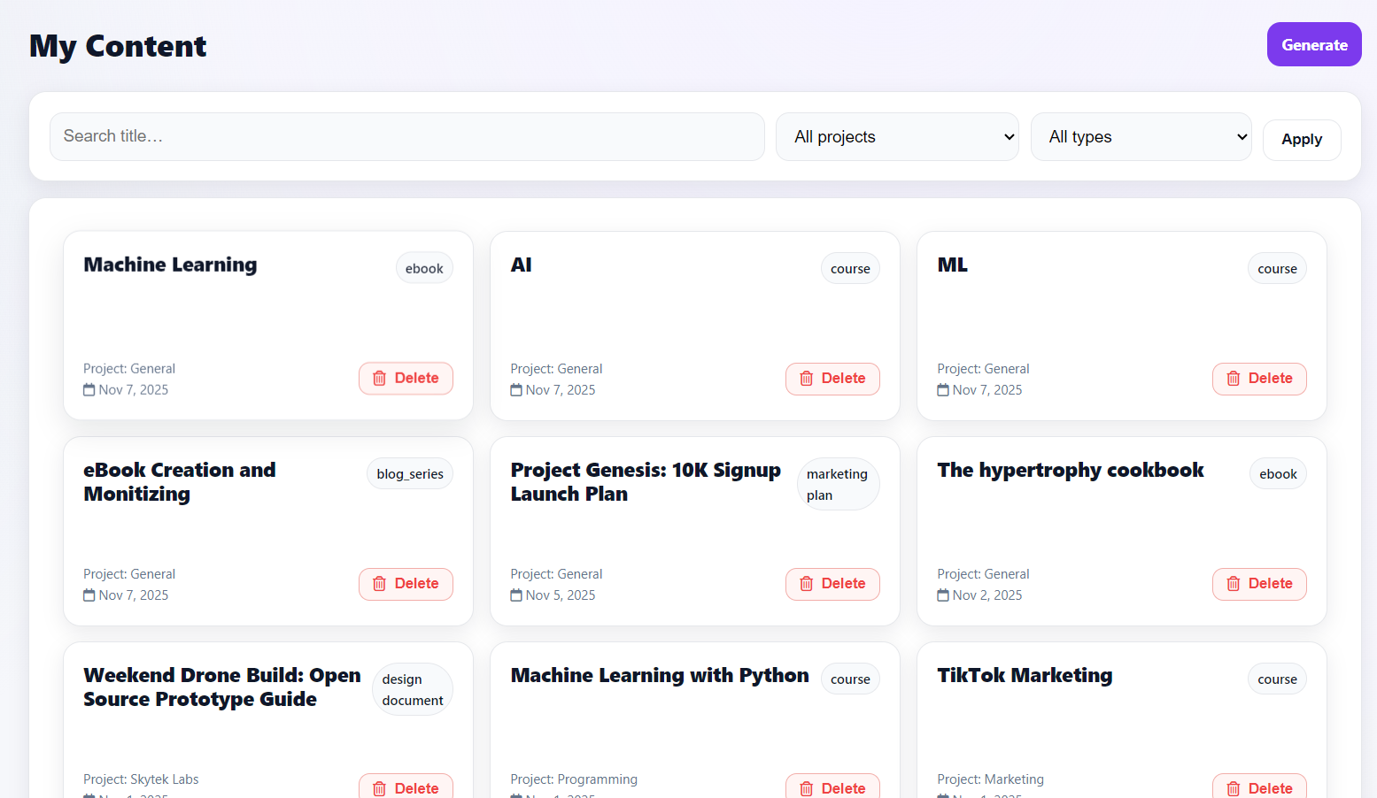 Library of completed content